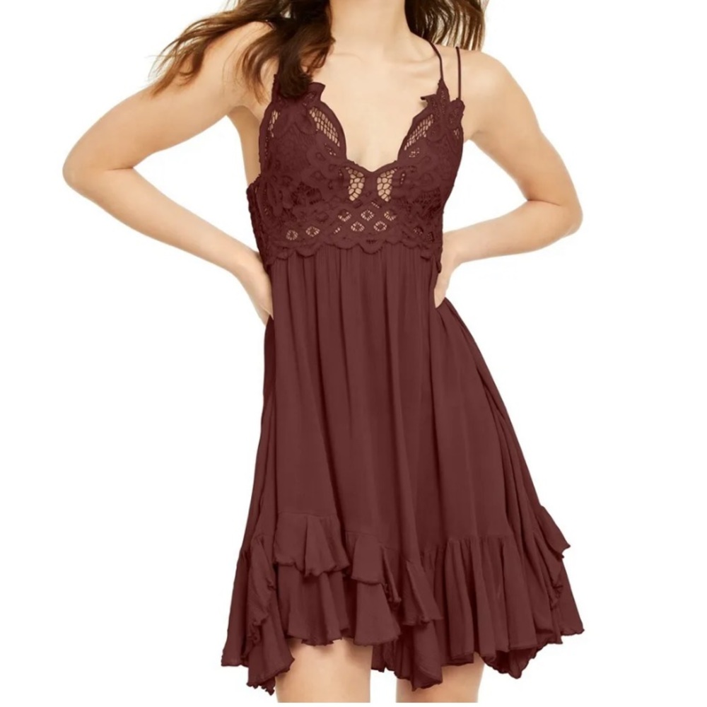 Free People Adela Lace Mini Dress in Mocha Size L